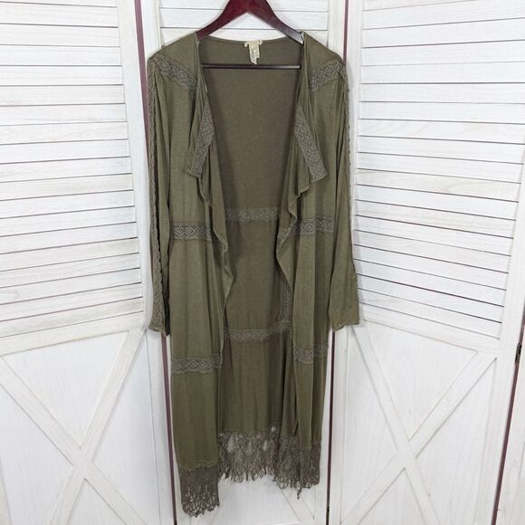 Gimmicks by BKE Buckle Boho Lace Trim Cardigan Duster Olive Green Small - Picture 11 of 11
